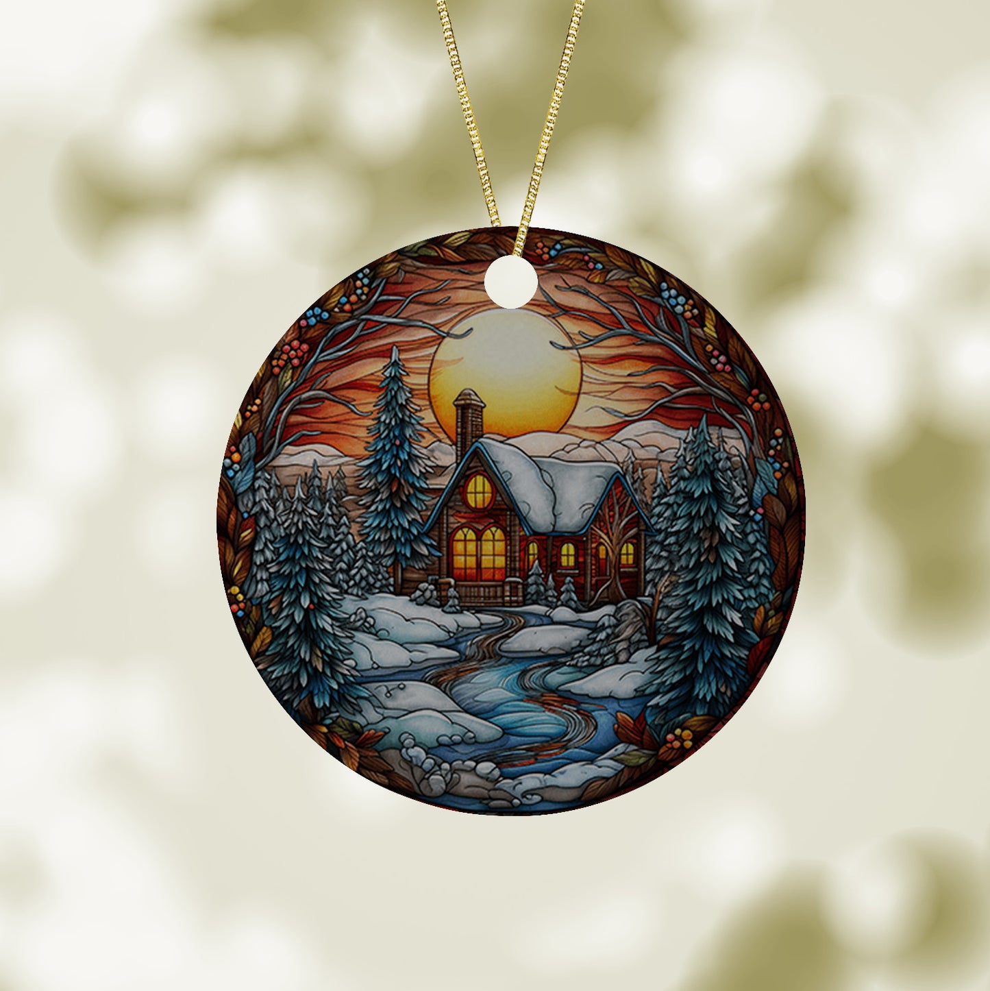 Stained Glass Christmas Ornament - House In The Forest In Winter