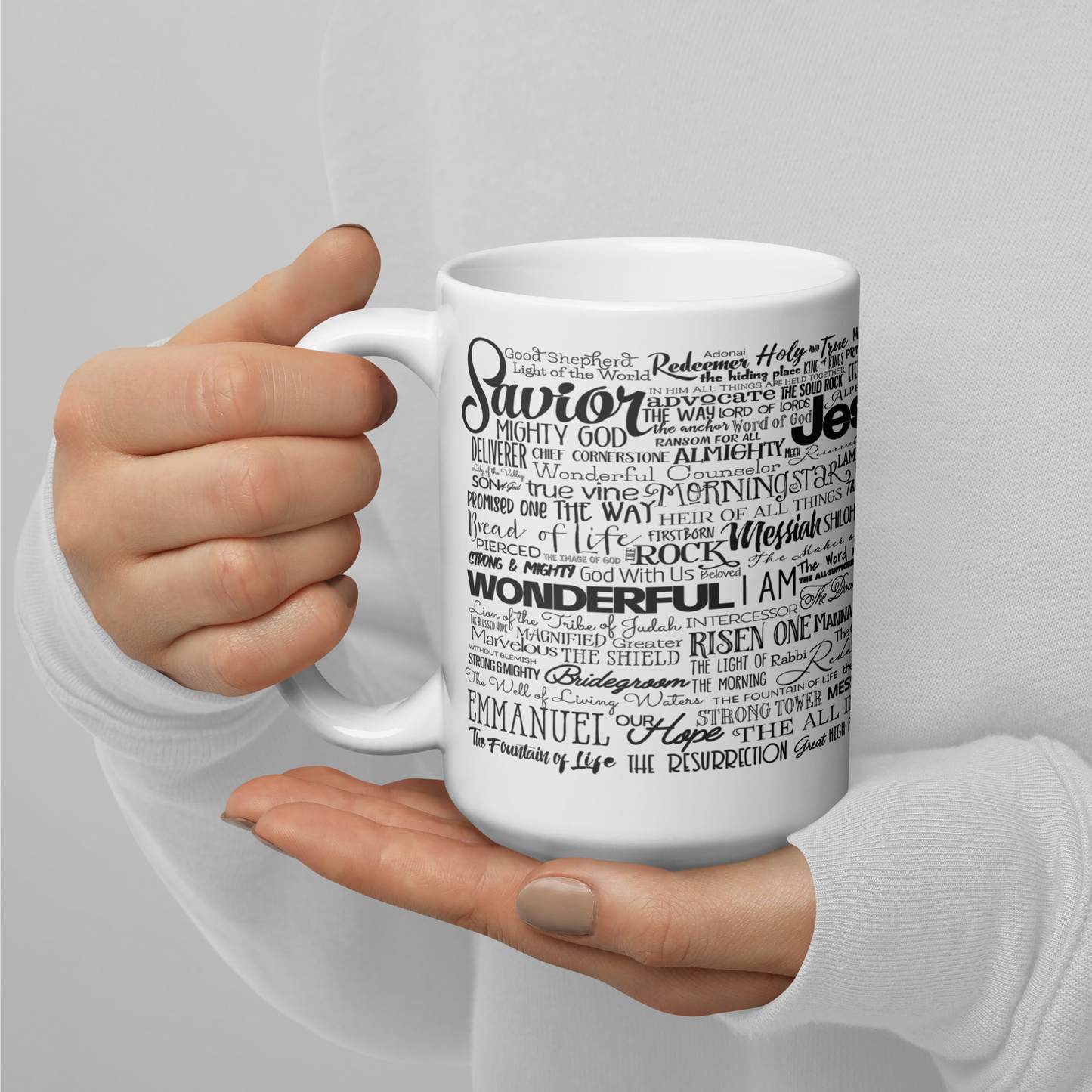 Names Of Jesus on a White Glossy Mug - 11 Ounce, 15 Ounce & 20 Ounce