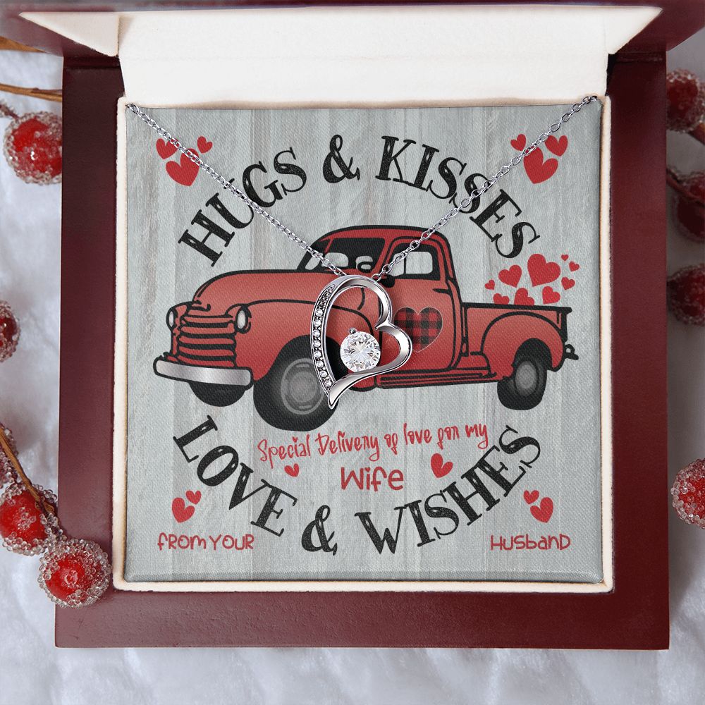 Red Truck Carrying Hugs & Kisses - To Wife From Husband - Forever Gold Heart Pendant Necklace