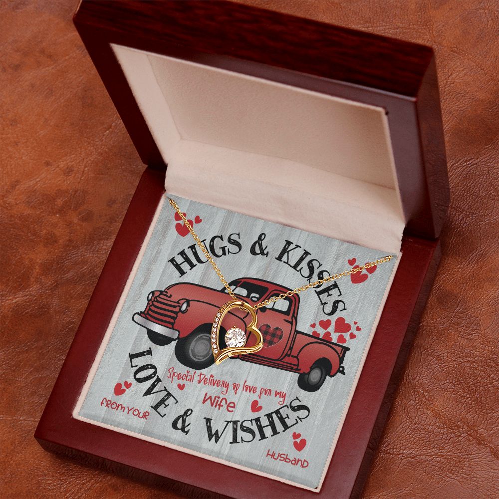 Red Truck Carrying Hugs & Kisses - To Wife From Husband - Forever Gold Heart Pendant Necklace