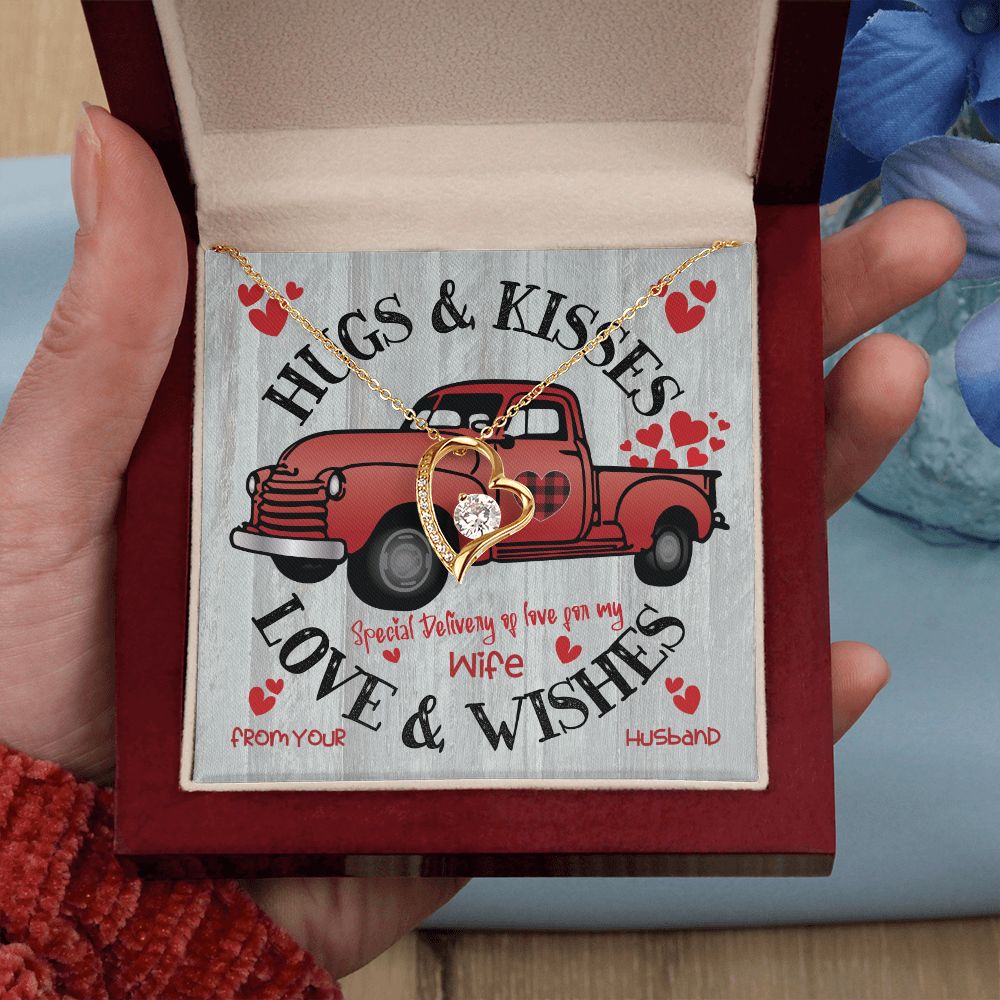 Red Truck Carrying Hugs & Kisses - To Wife From Husband - Forever Gold Heart Pendant Necklace