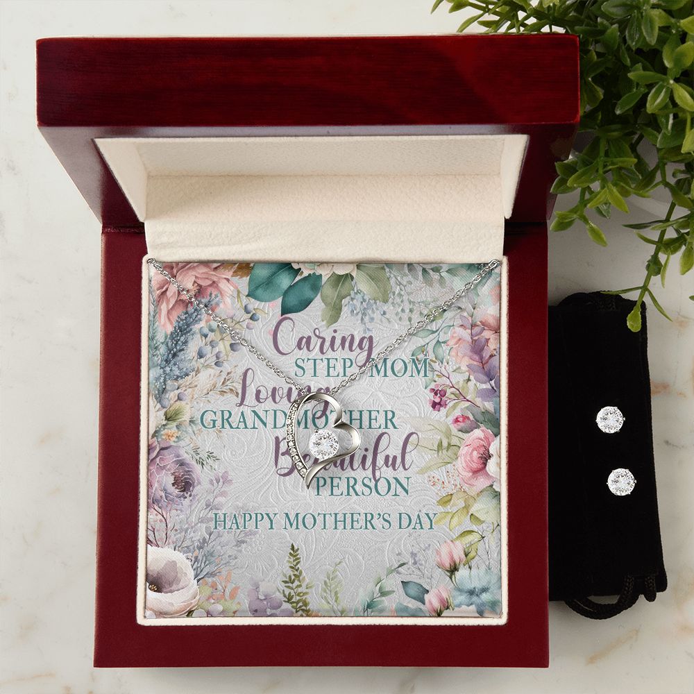 To My Step Mom - Forever Love Pendant Necklace & Matching Earrings- Special For Mother's Day