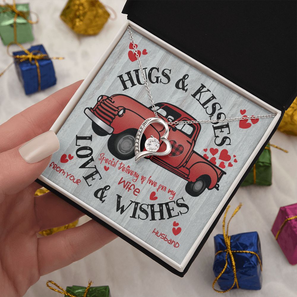 Red Truck Carrying Hugs & Kisses - To Wife From Husband - Forever Gold Heart Pendant Necklace