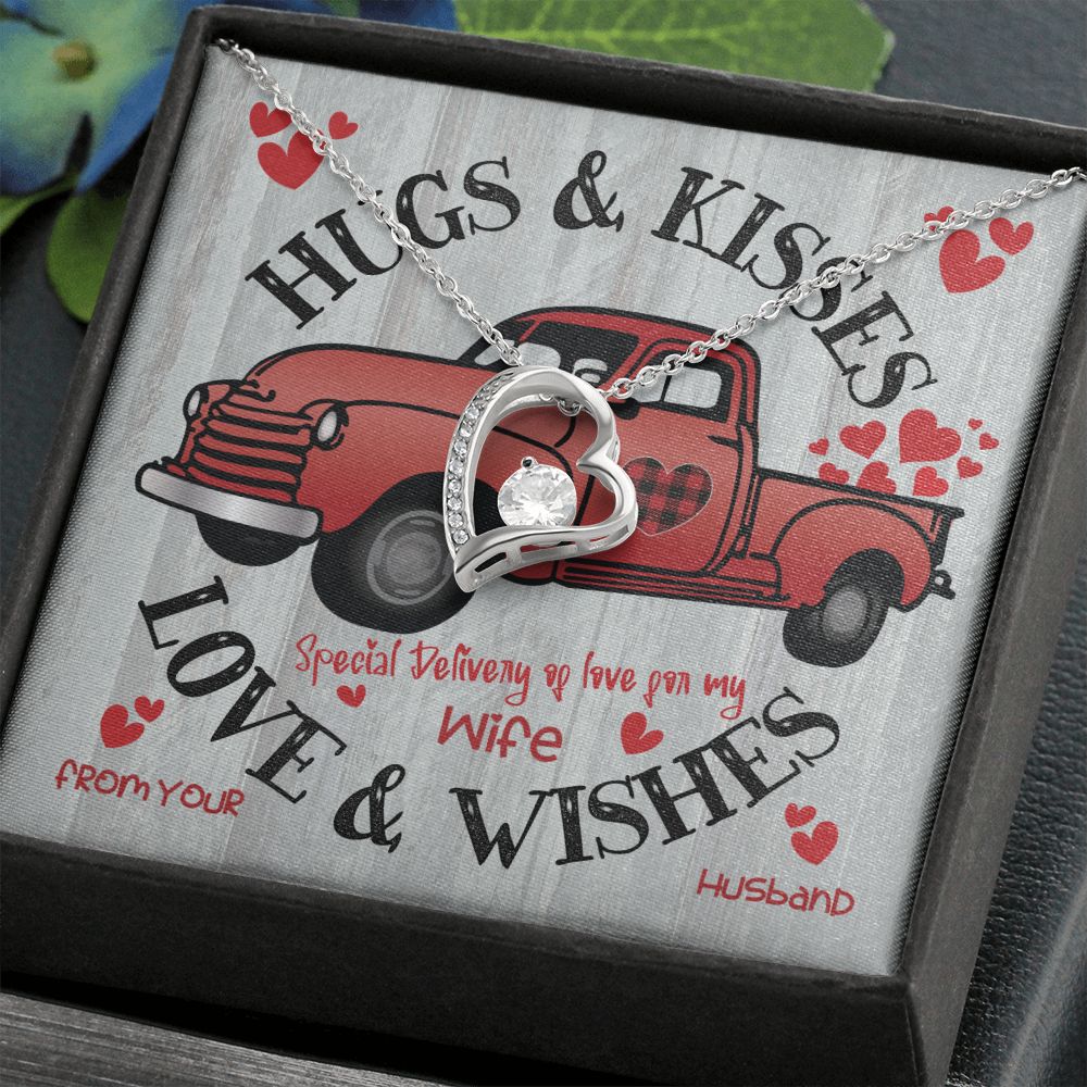 Red Truck Carrying Hugs & Kisses - To Wife From Husband - Forever Gold Heart Pendant Necklace