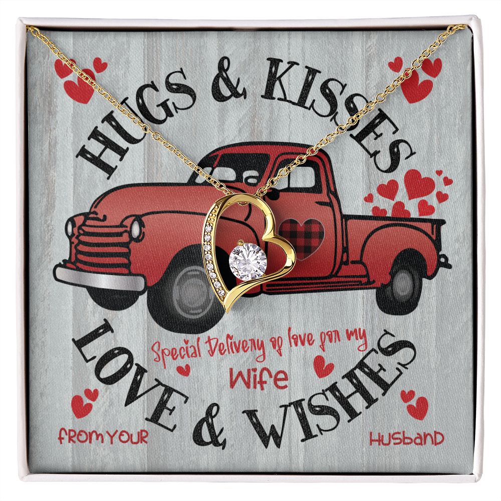 Red Truck Carrying Hugs & Kisses - To Wife From Husband - Forever Gold Heart Pendant Necklace