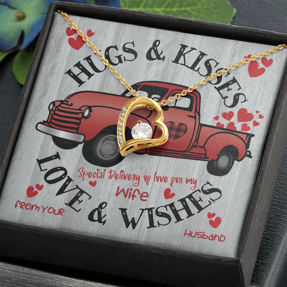 Red Truck Carrying Hugs & Kisses - To Wife From Husband - Forever Gold Heart Pendant Necklace