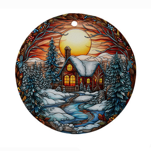 Stained Glass Christmas Ornament - House In The Forest In Winter