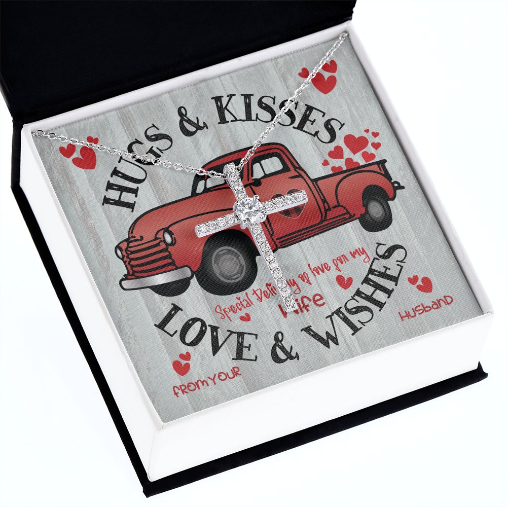 Red  Truck Loaded With Hugs & Kisses With CZ Cross Necklace