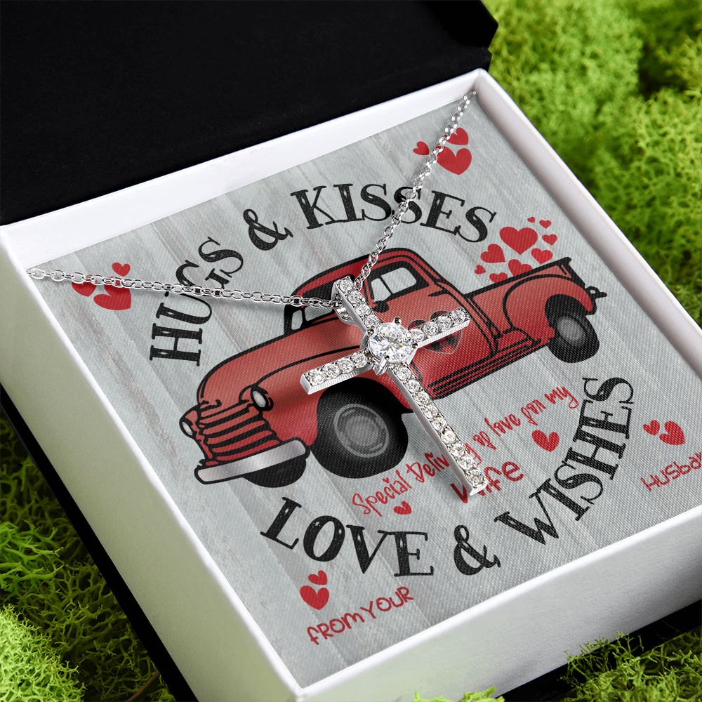 Red  Truck Loaded With Hugs & Kisses With CZ Cross Necklace