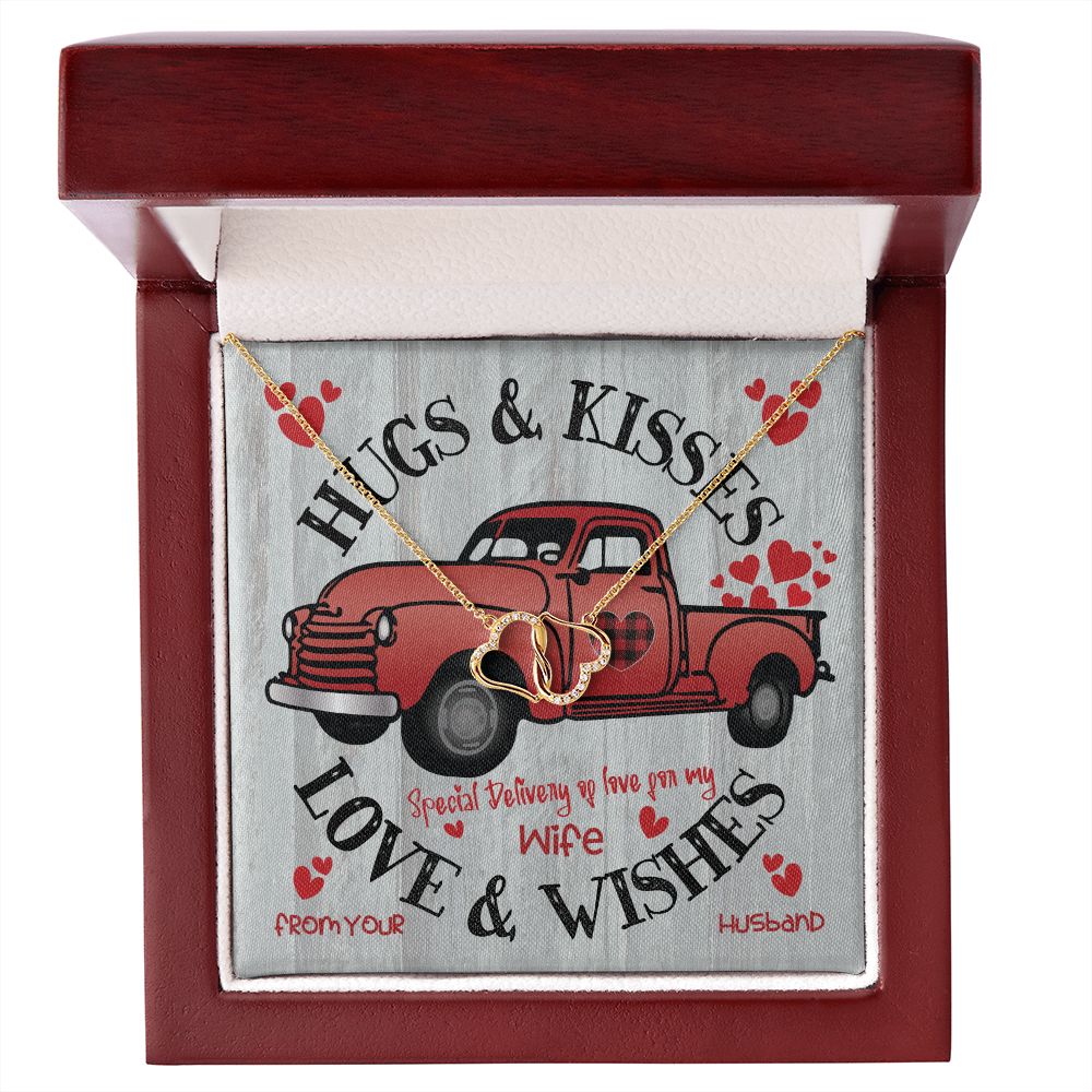 Red  Truck Loaded With Hugs & Kisses With Two Intwined Solid Gold Hearts Necklace