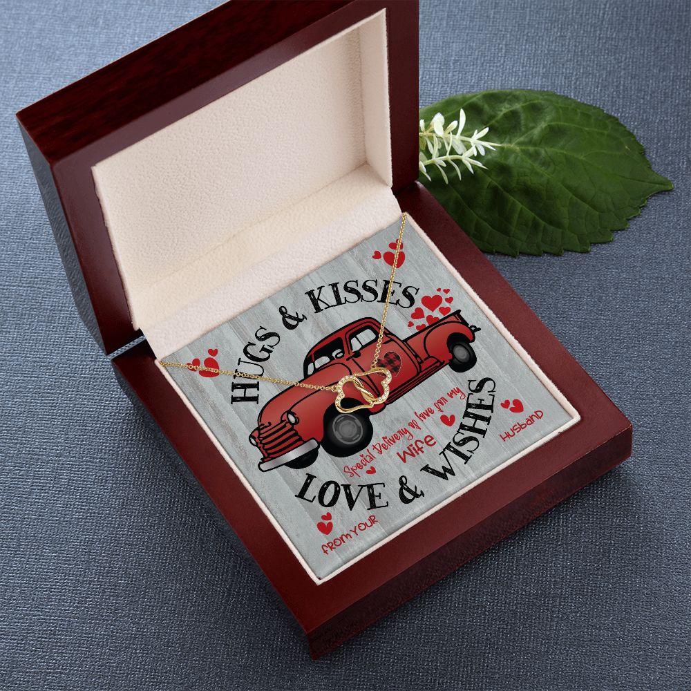 Red  Truck Loaded With Hugs & Kisses With Two Intwined Solid Gold Hearts Necklace