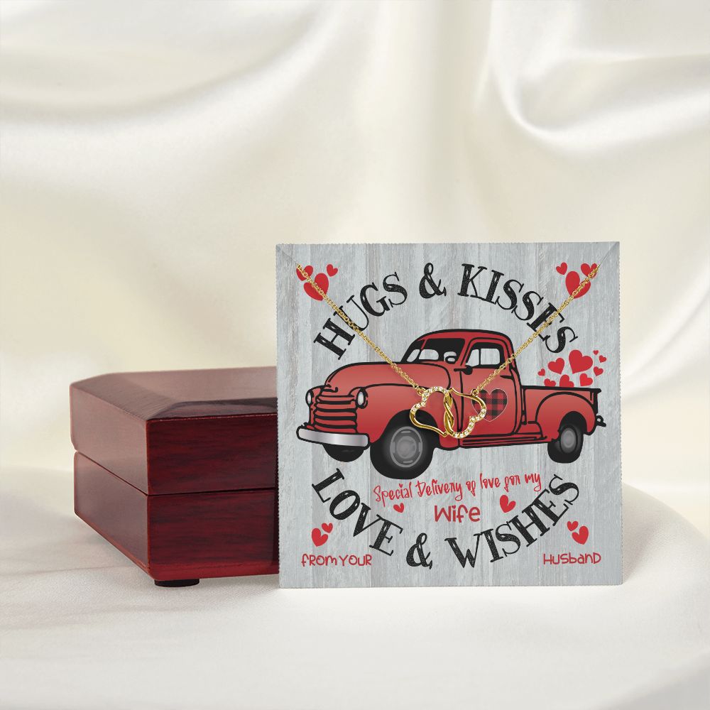 Red  Truck Loaded With Hugs & Kisses With Two Intwined Solid Gold Hearts Necklace