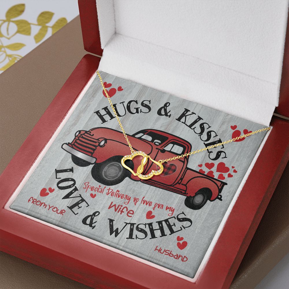 Red  Truck Loaded With Hugs & Kisses With Two Intwined Solid Gold Hearts Necklace