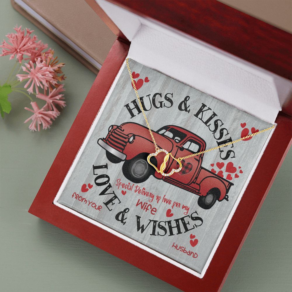 Red  Truck Loaded With Hugs & Kisses With Two Intwined Solid Gold Hearts Necklace