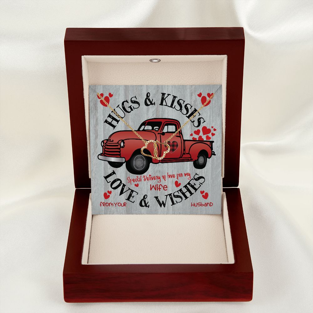 Red  Truck Loaded With Hugs & Kisses With Two Intwined Solid Gold Hearts Necklace