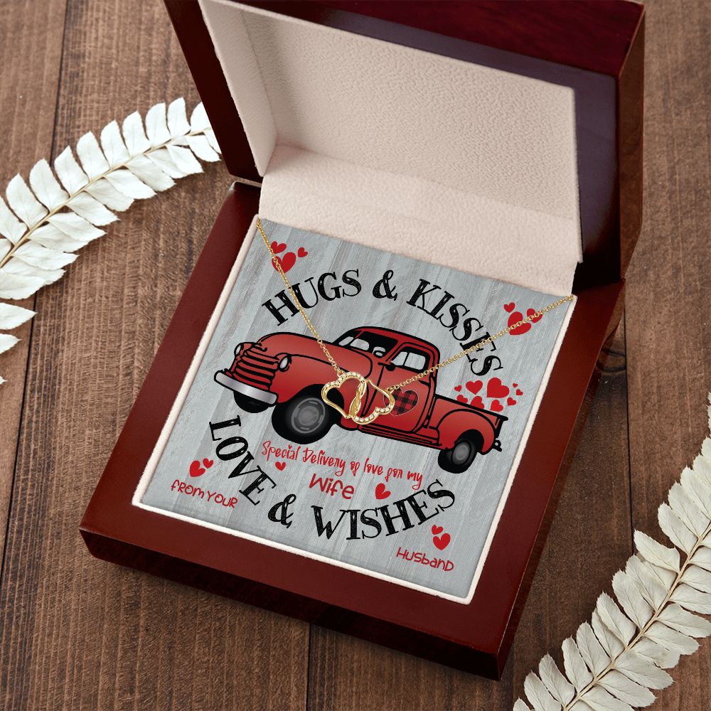 Red  Truck Loaded With Hugs & Kisses With Two Intwined Solid Gold Hearts Necklace