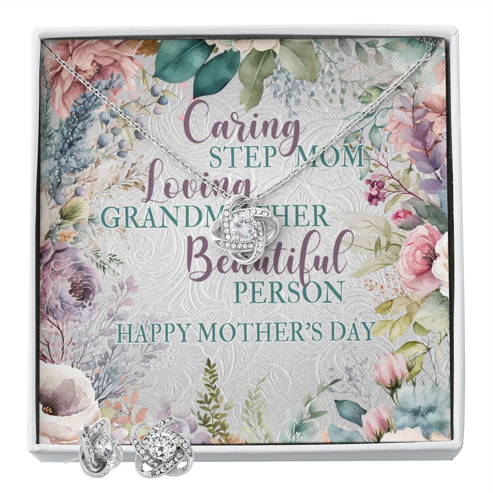 To My Step Mom - Love Knot Pendant Necklace & Matching Earrings - Special For Mother's Day
