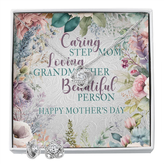 To My Step Mom - Love Knot Pendant Necklace & Matching Earrings - Special For Mother's Day