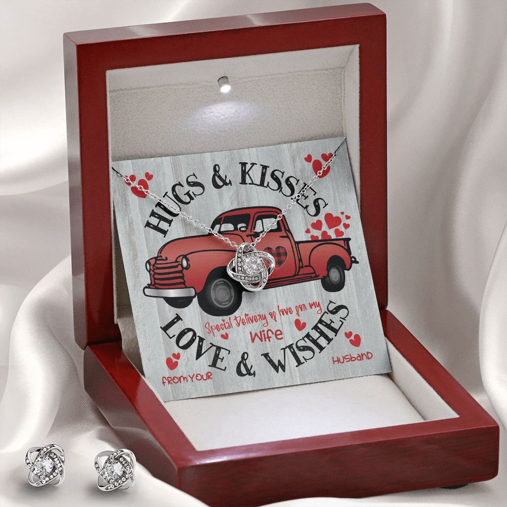 Red  Truck Loaded With Hugs & Kisses With Love Knot Necklace & Earring Set