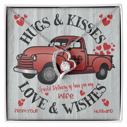 Red Truck Carrying Hugs & Kisses - To Wife From Husband - Forever Gold Heart Pendant Necklace