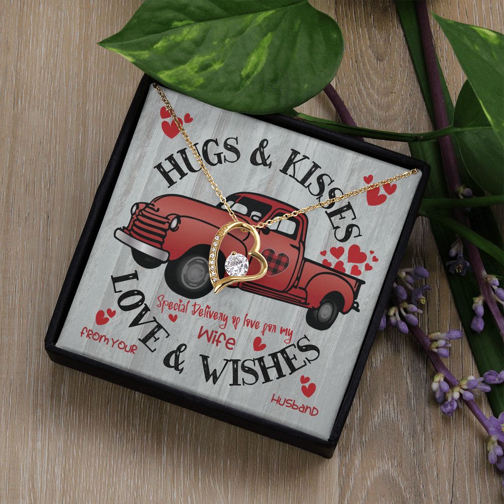 Red Truck Carrying Hugs & Kisses - To Wife From Husband - Forever Gold Heart Pendant Necklace